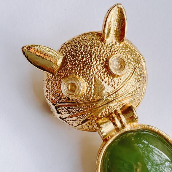 VTG 1960s Gemstone Cat Brooch Nephrite Jade Cabochon Mid Century Gold Tone Pin - Picture 3 of 10